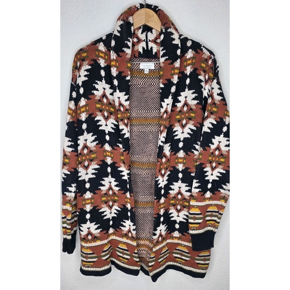 Lucky Brand Aztec Tribal Cardigan Sz S Sweater Thick Shawl Collar Southwest Boho